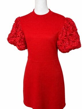 THML-Red Puff Sleeve Knit Dress - Women